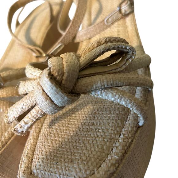 Raffia Platform Sandals SZ 10 Women Bow Ankle Strappy Espadrille Wedges Open Toe - Picture 4 of 9